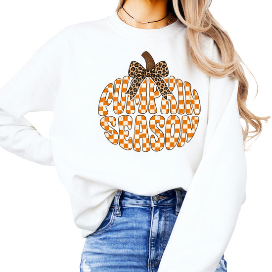 White Pumpkin Season checkered pumpkin leopard bow crewneck sweatshirt for women, styled detail view