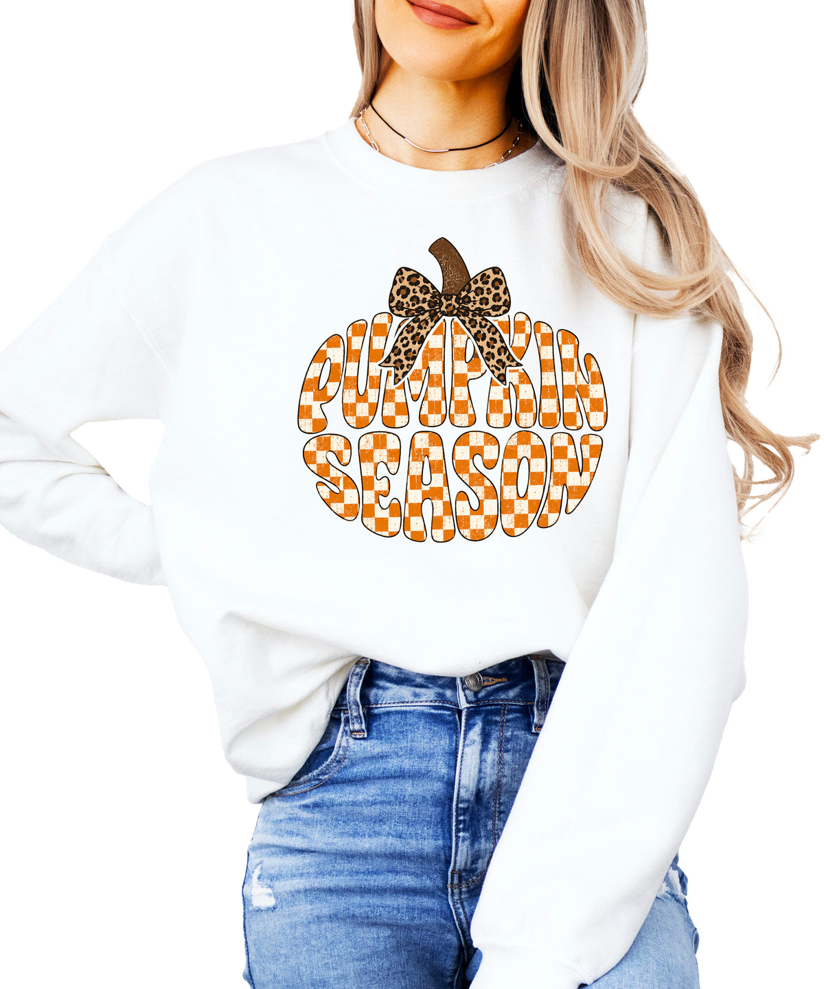 White Pumpkin Season checkered pumpkin leopard bow crewneck sweatshirt for women, styled detail view