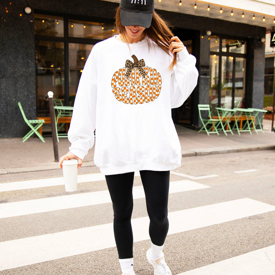 White Pumpkin Season checkered pumpkin leopard bow crewneck sweatshirt for women, back or flat-lay view