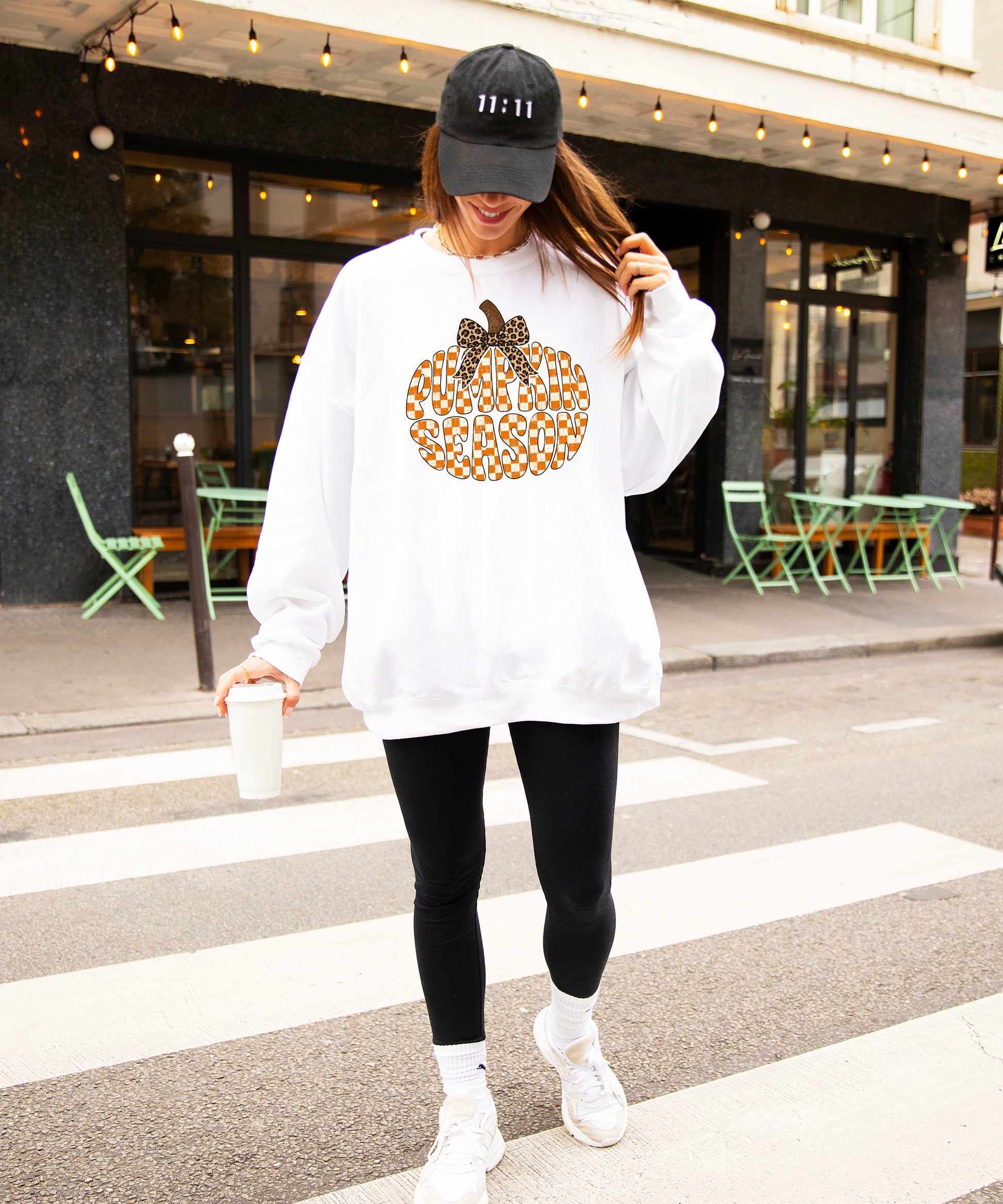 White Pumpkin Season checkered pumpkin leopard bow crewneck sweatshirt for women, back or flat-lay view