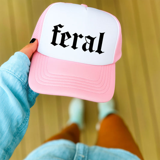 Feral in Gothic Font Trucker Hat Funny Summer Unisex Classic 5 Panel Mesh Snap Back