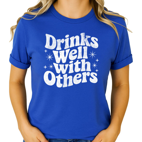 Drinks Well With Others funny graphic tee for women in Vintage Royal, back view