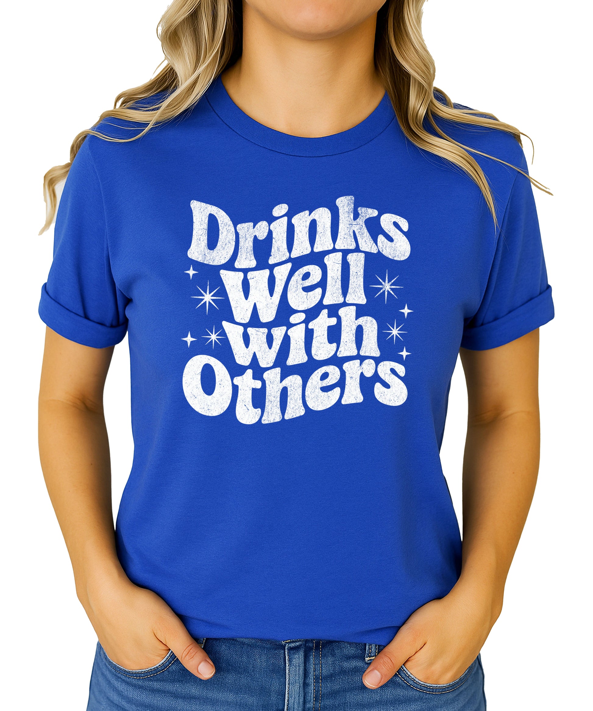 Drinks Well With Others funny graphic tee for women in Vintage Royal, back view