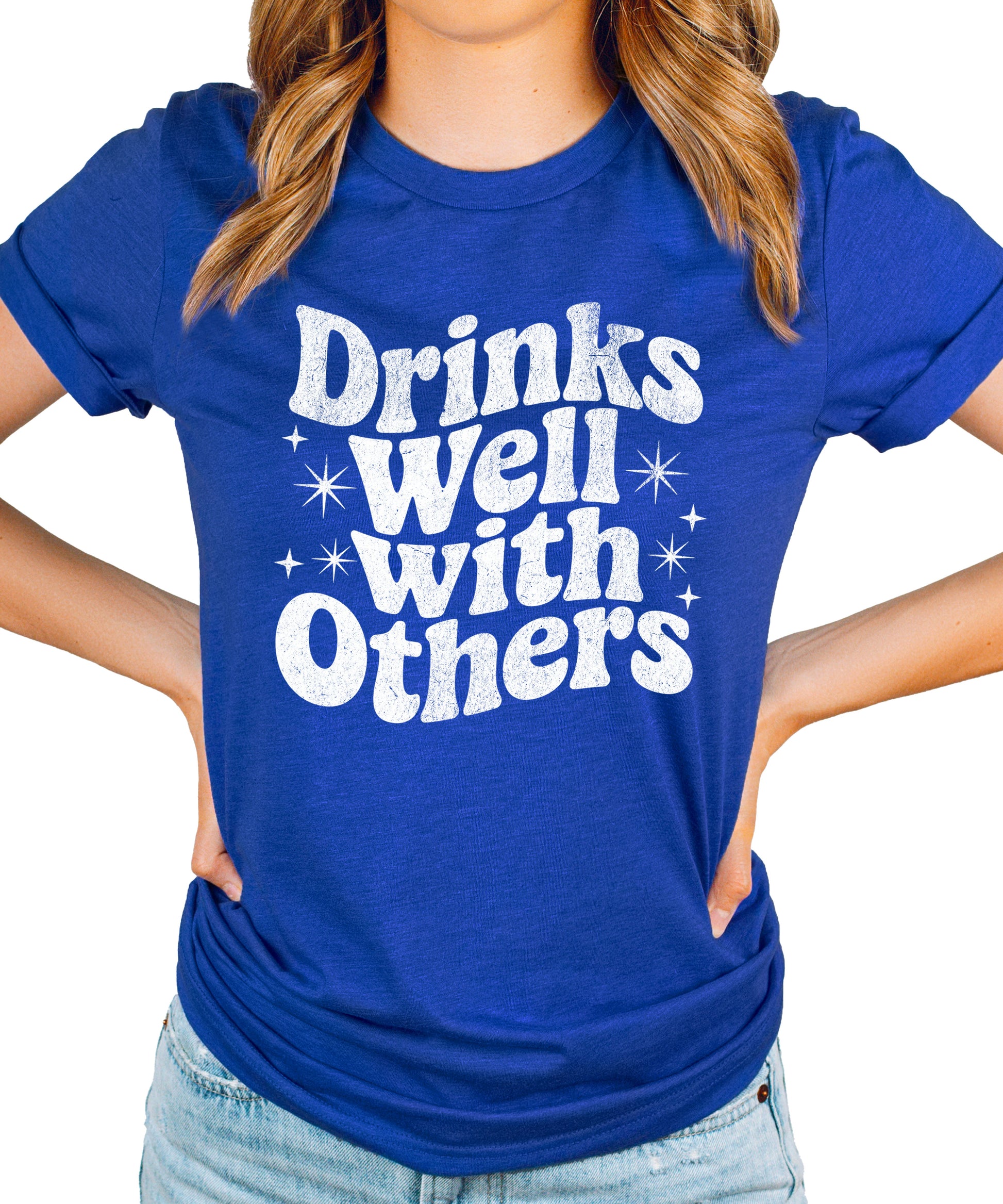 Drinks Well With Others funny graphic tee for women in Vintage Royal, detail view