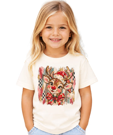 Christmas Reindeer Shirt for Baby Toddler Girls Red Bow Checkered Leopard Matching Sister Holiday Tee