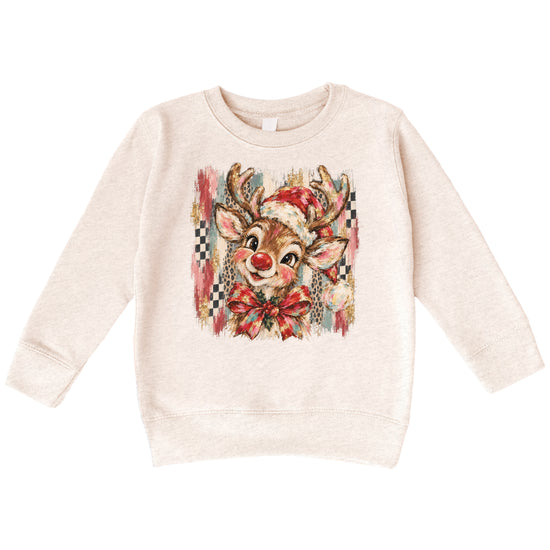 Christmas reindeer bow checkered leopard sweatshirt for kids in Natural Heather