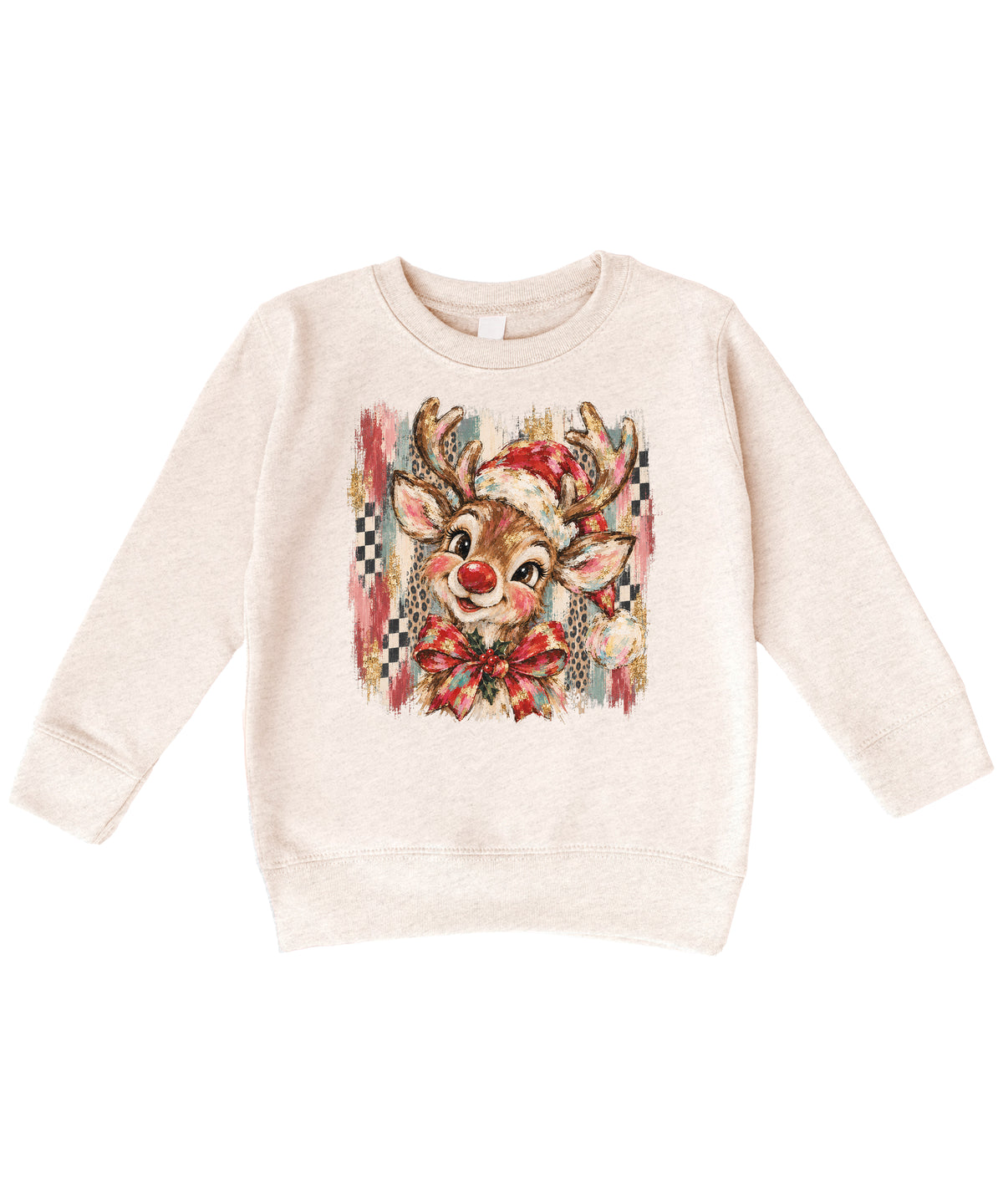 Christmas reindeer bow checkered leopard sweatshirt for kids in Natural Heather