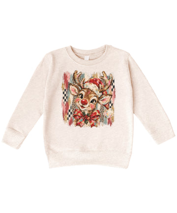 Christmas reindeer bow checkered leopard sweatshirt for kids in Natural Heather