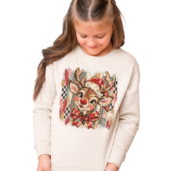 Christmas reindeer bow checkered leopard sweatshirt for kids in Natural Heather