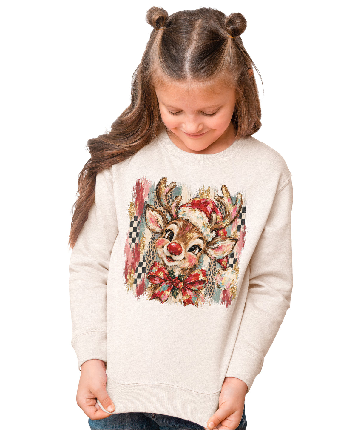 Christmas reindeer bow checkered leopard sweatshirt for kids in Natural Heather