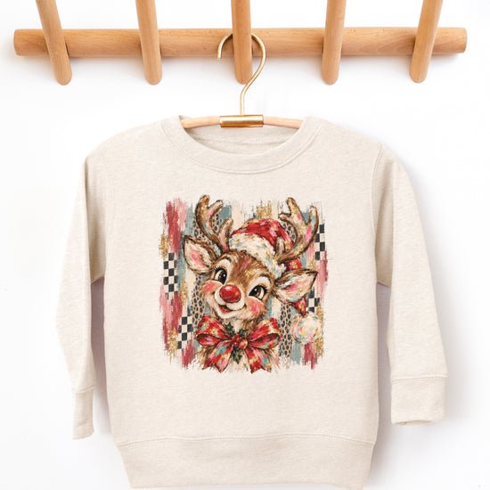 Christmas reindeer bow checkered leopard sweatshirt for kids in Natural Heather