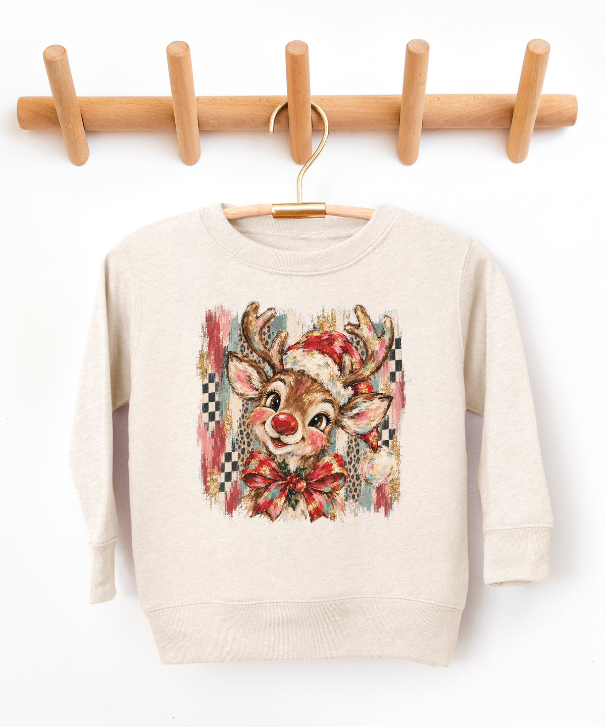 Christmas reindeer bow checkered leopard sweatshirt for kids in Natural Heather