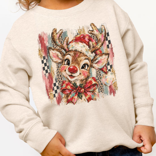 Christmas reindeer bow checkered leopard sweatshirt for kids in Natural Heather