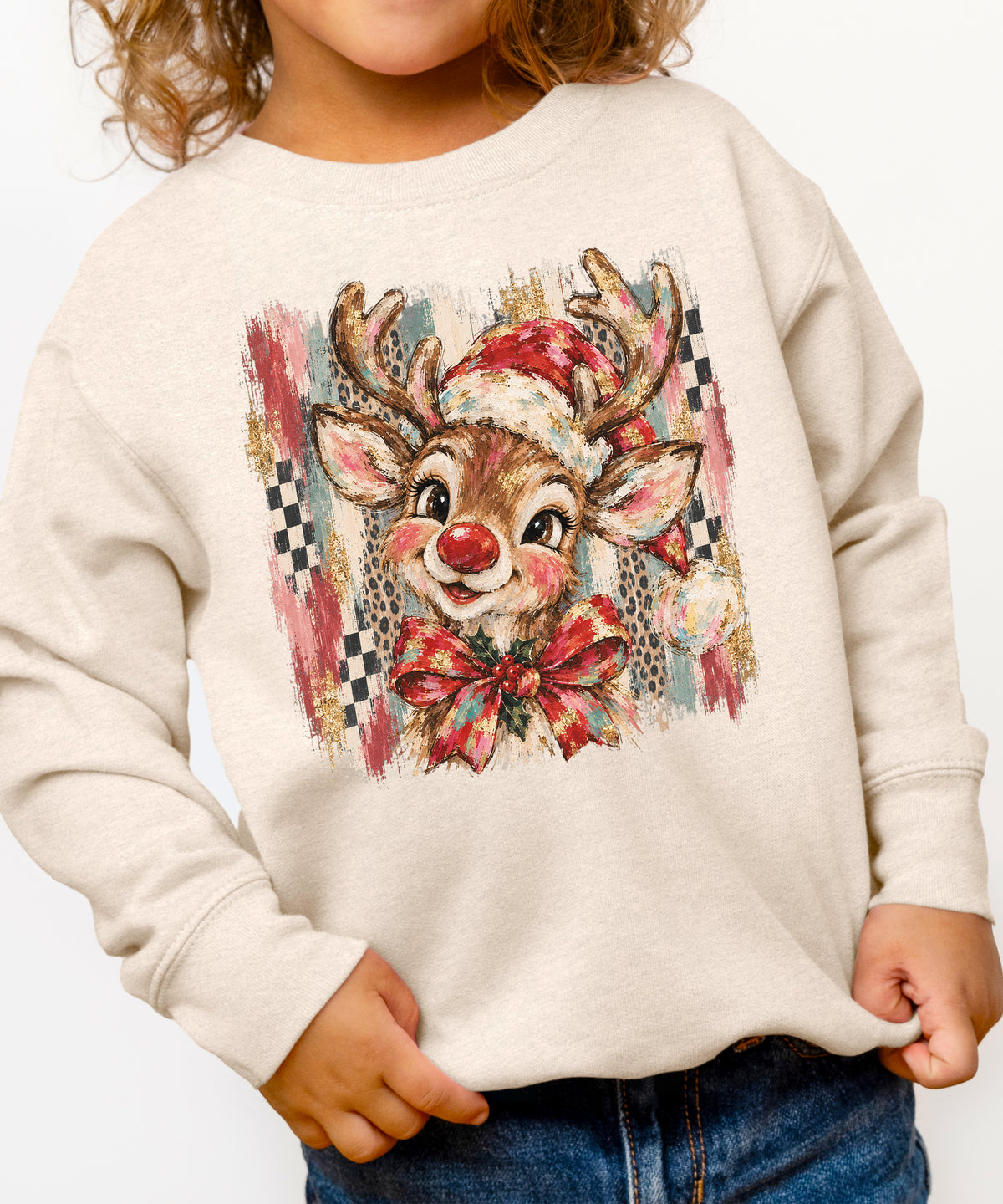 Christmas reindeer bow checkered leopard sweatshirt for kids in Natural Heather