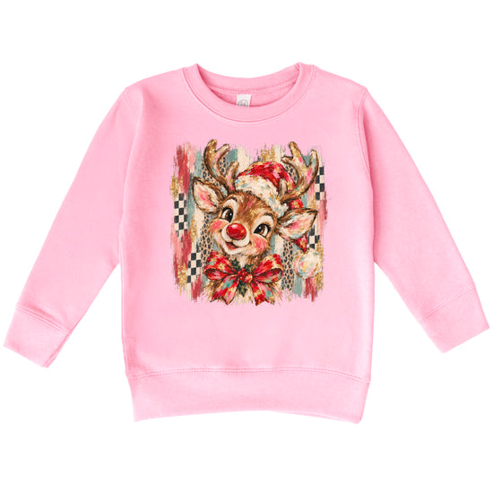 Christmas reindeer bow checkered leopard sweatshirt for toddler girls in Pink