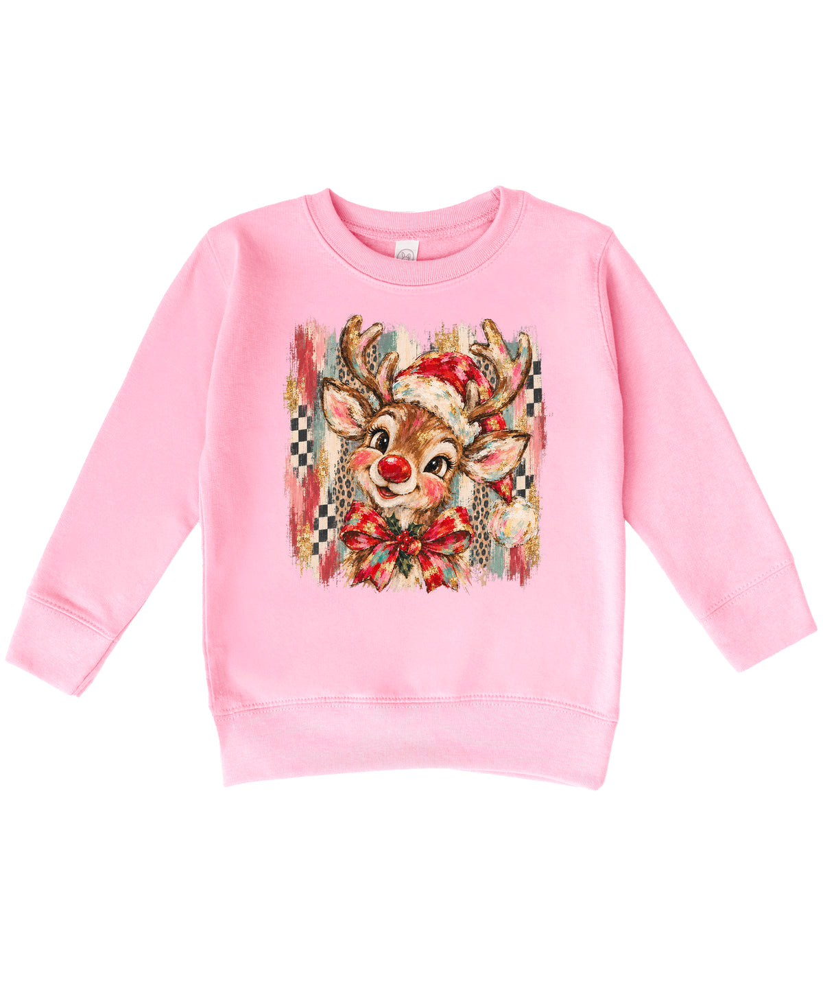 Christmas reindeer bow checkered leopard sweatshirt for toddler girls in Pink