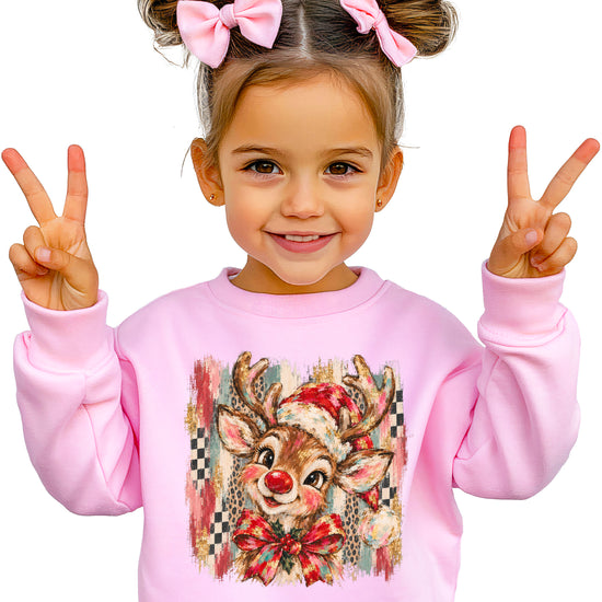 Christmas reindeer bow checkered leopard sweatshirt for toddler girls in Pink