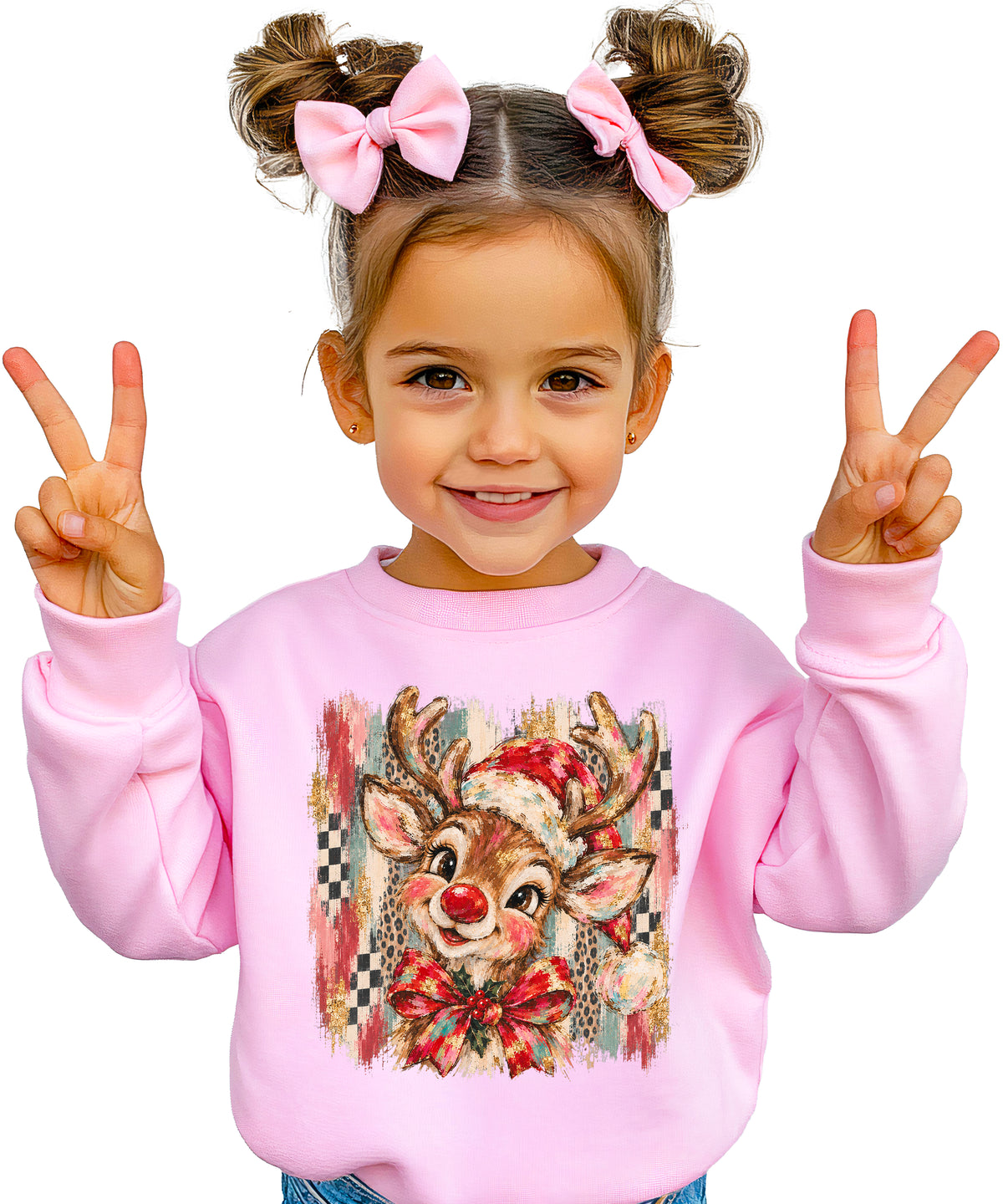 Christmas reindeer bow checkered leopard sweatshirt for toddler girls in Pink