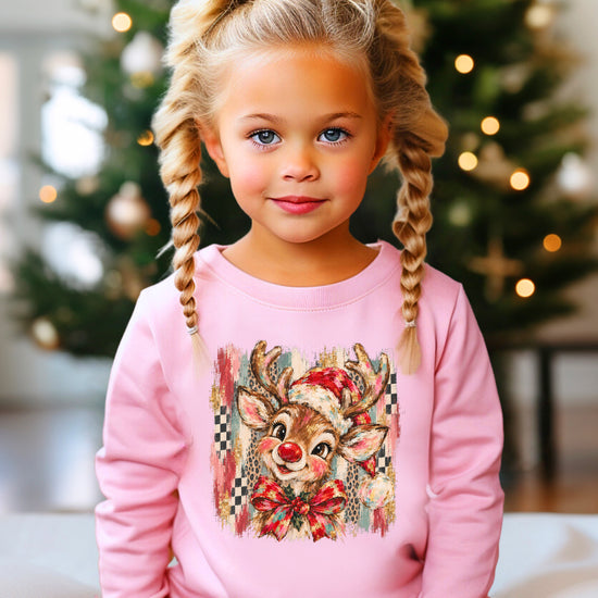 Christmas reindeer bow checkered leopard sweatshirt for toddler girls in Pink