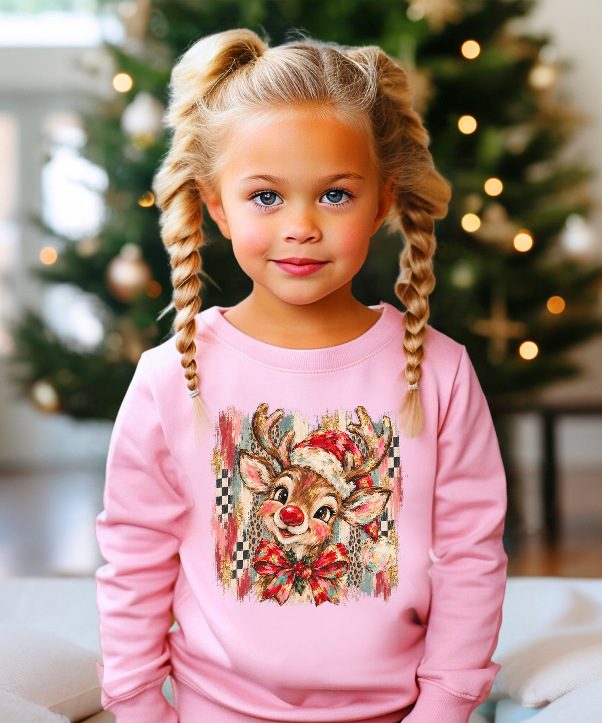 Christmas reindeer bow checkered leopard sweatshirt for toddler girls in Pink