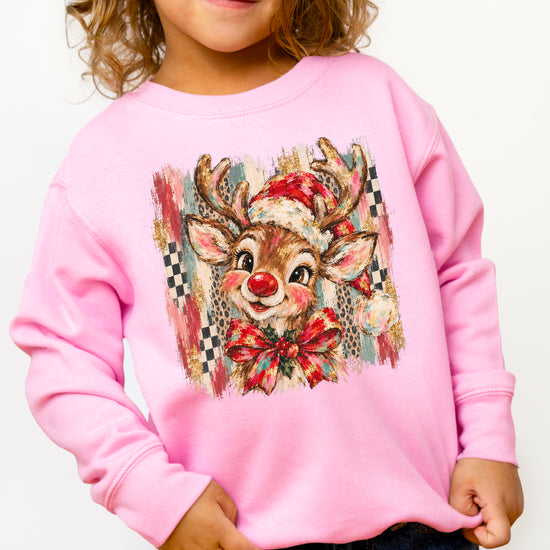 Christmas reindeer bow checkered leopard sweatshirt for toddler girls in Pink