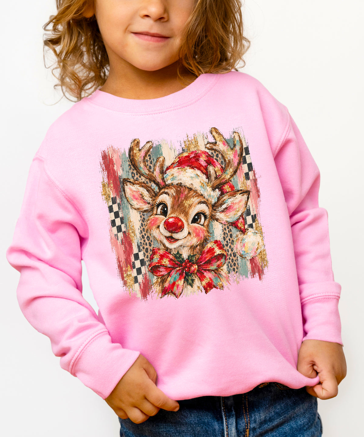 Christmas reindeer bow checkered leopard sweatshirt for toddler girls in Pink