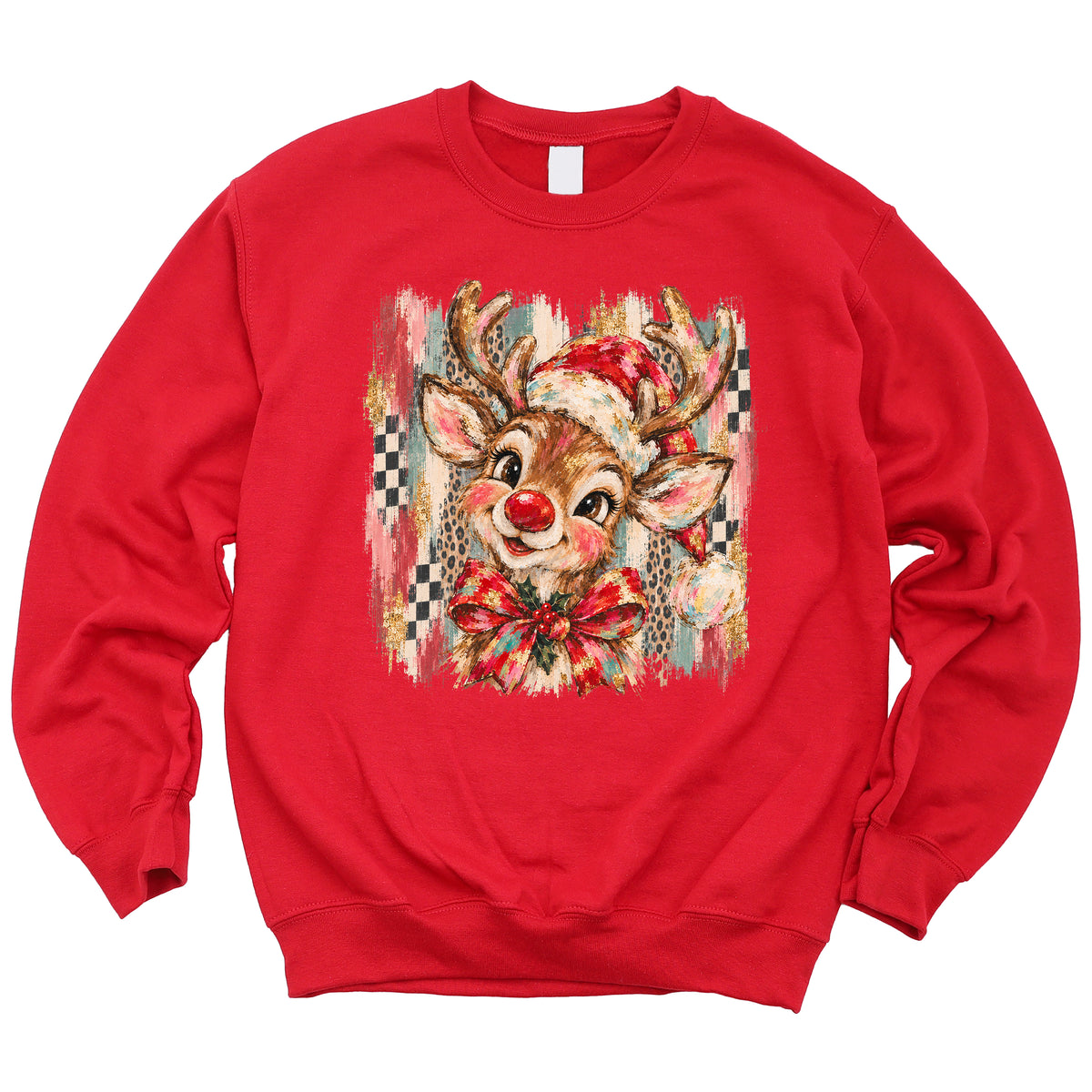Christmas reindeer bow checkered leopard sweatshirt for kids in Red