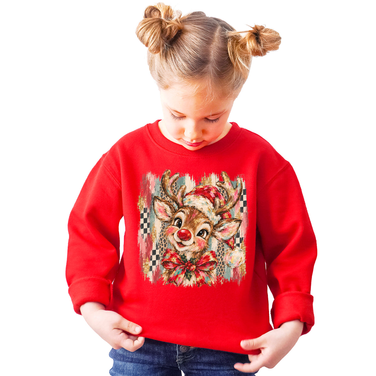 Christmas reindeer bow checkered leopard sweatshirt for kids in Red