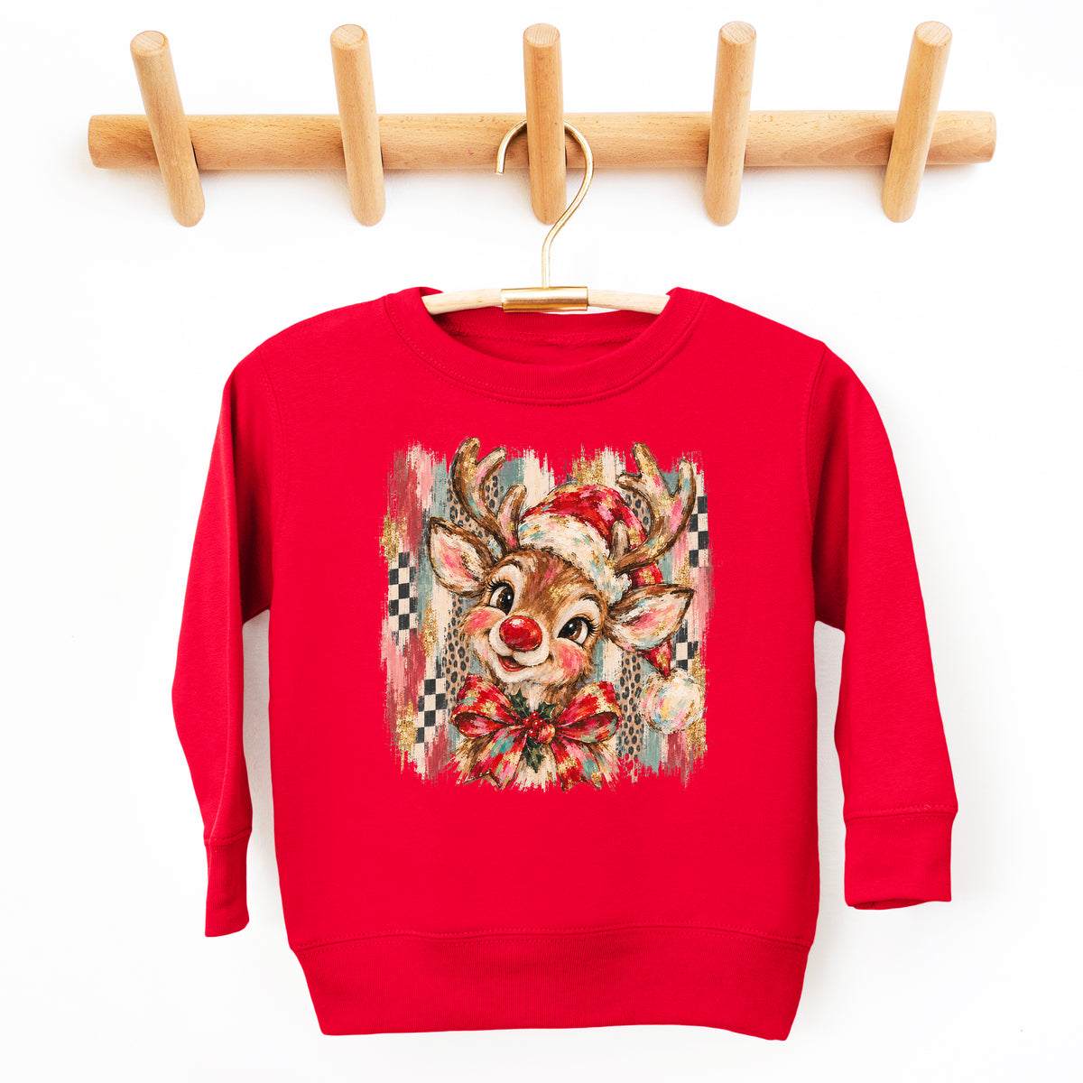 Christmas reindeer bow checkered leopard sweatshirt for kids in Red