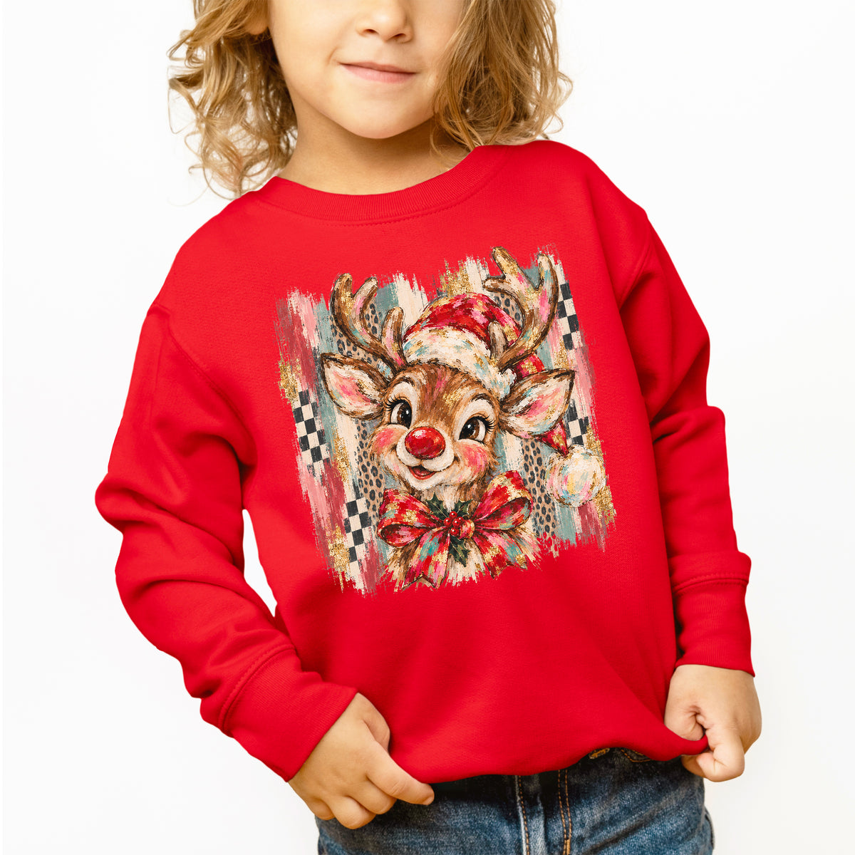 Christmas reindeer bow checkered leopard sweatshirt for kids in Red