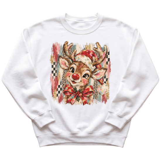 Christmas reindeer bow checkered leopard sweatshirt for youth girls in White