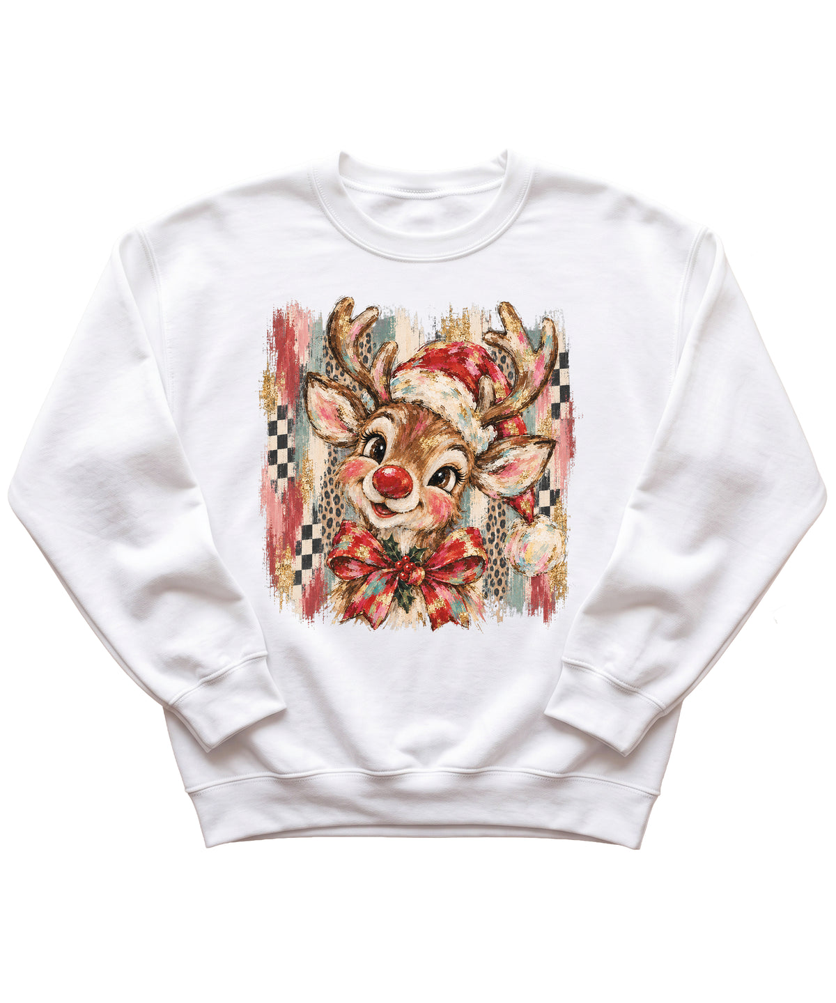 Christmas reindeer bow checkered leopard sweatshirt for youth girls in White