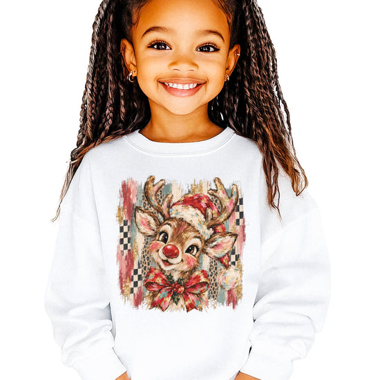 Christmas reindeer bow checkered leopard sweatshirt for youth girls in White