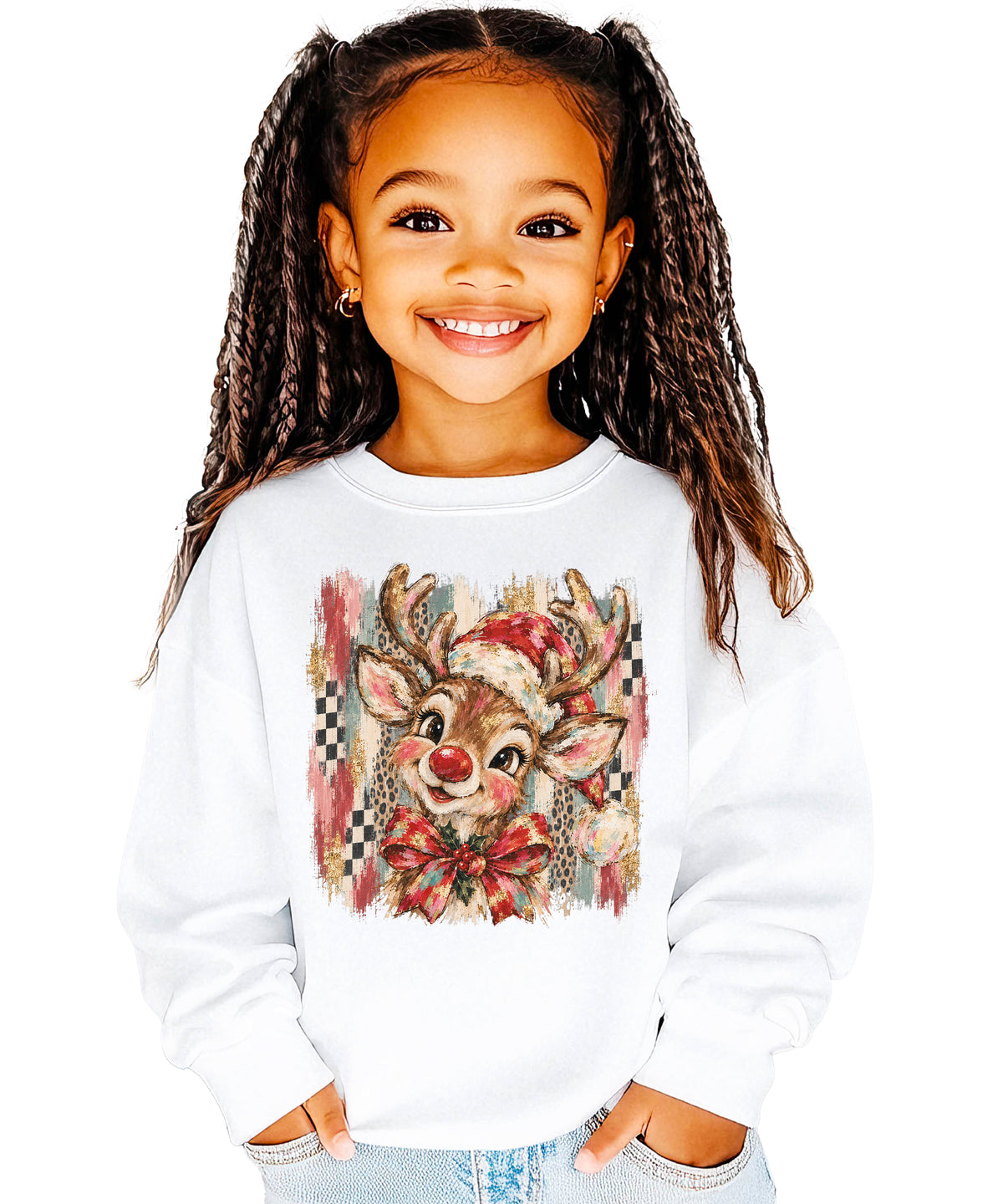 Christmas reindeer bow checkered leopard sweatshirt for youth girls in White