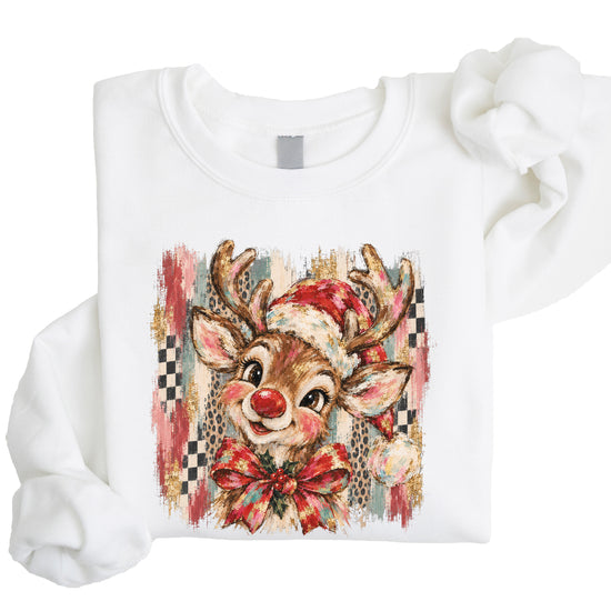Christmas reindeer bow checkered leopard sweatshirt for youth girls in White