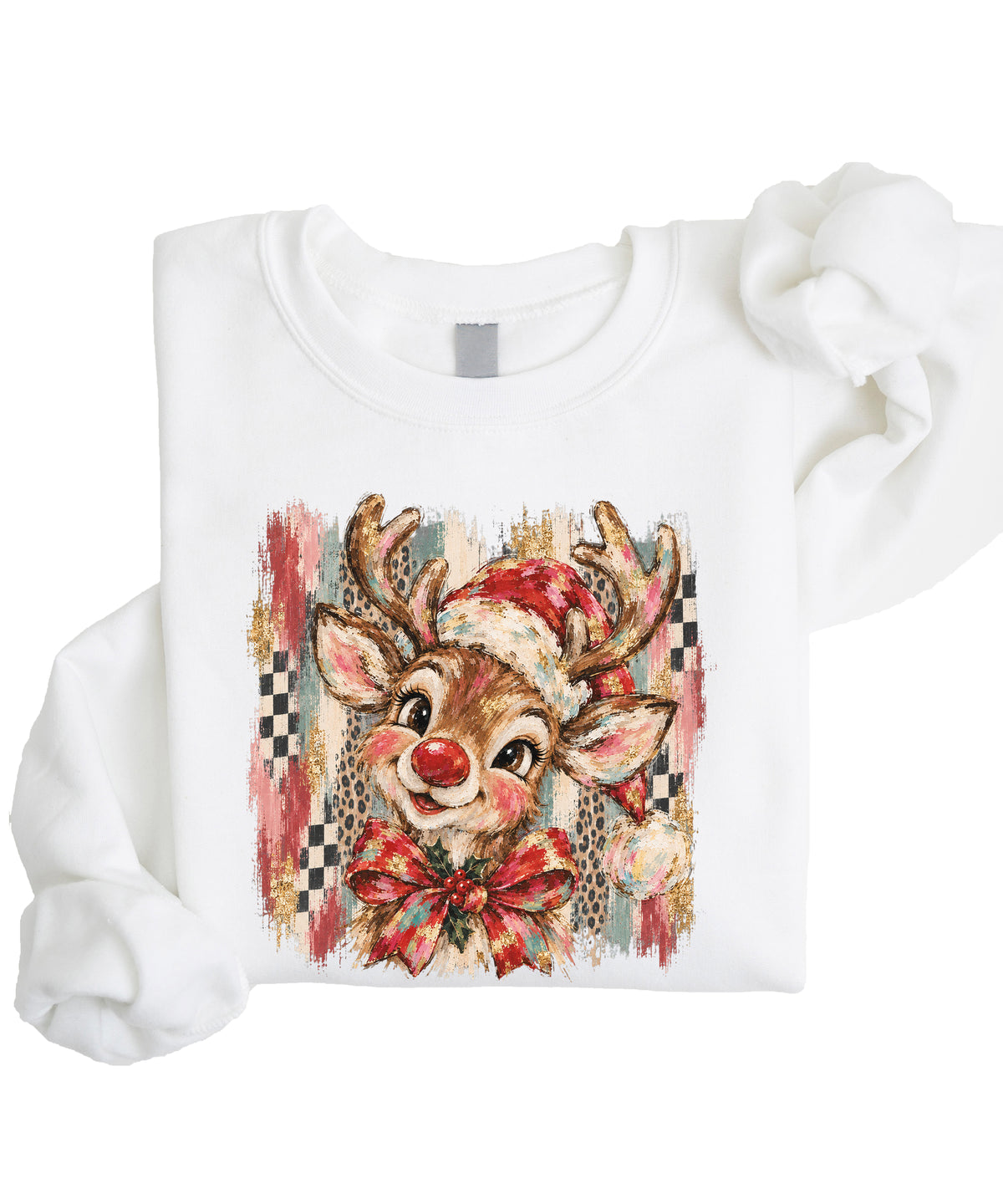 Christmas reindeer bow checkered leopard sweatshirt for youth girls in White