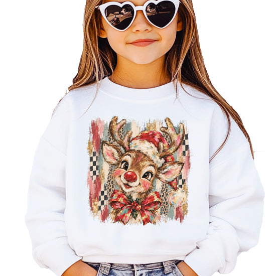 Christmas reindeer bow checkered leopard sweatshirt for youth girls in White