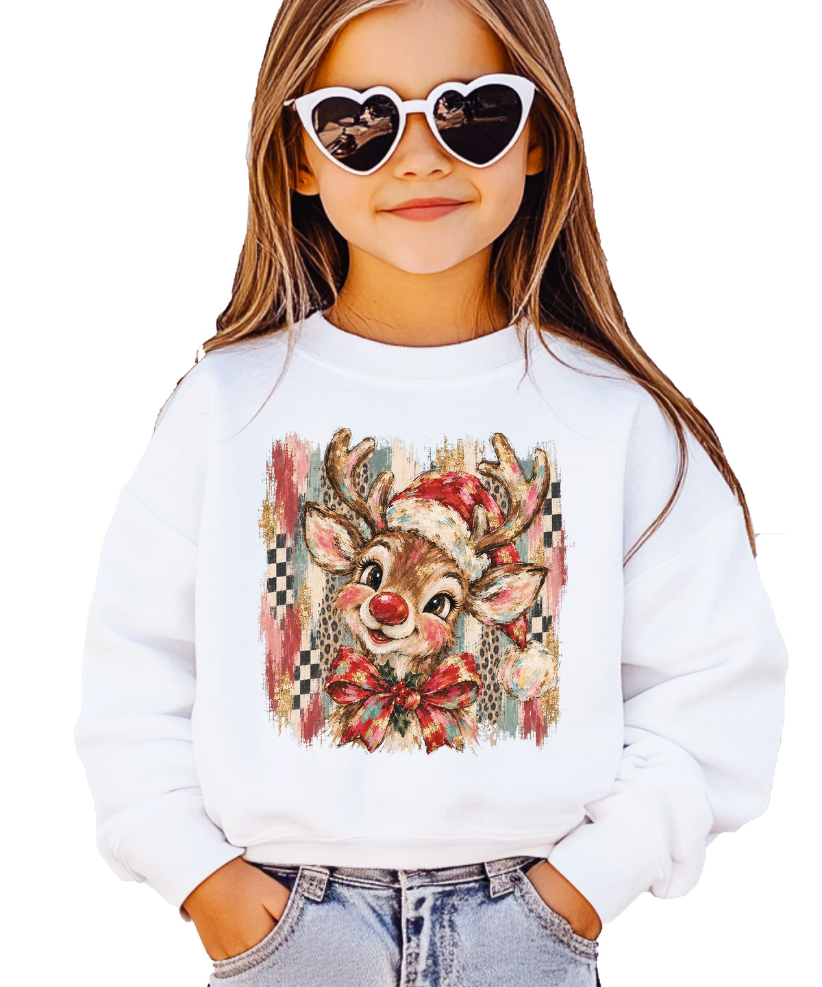 Christmas reindeer bow checkered leopard sweatshirt for youth girls in White