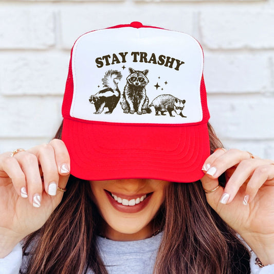 Stay Trashy Funny Raccoon Graphic Classic 5 Panel Mesh Snap Back Trucker Hat