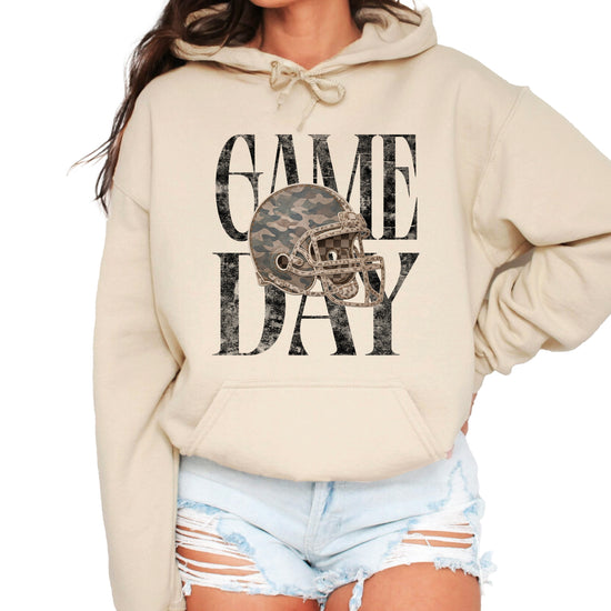Game Day Camo football helmet hoodie in Sand - front view