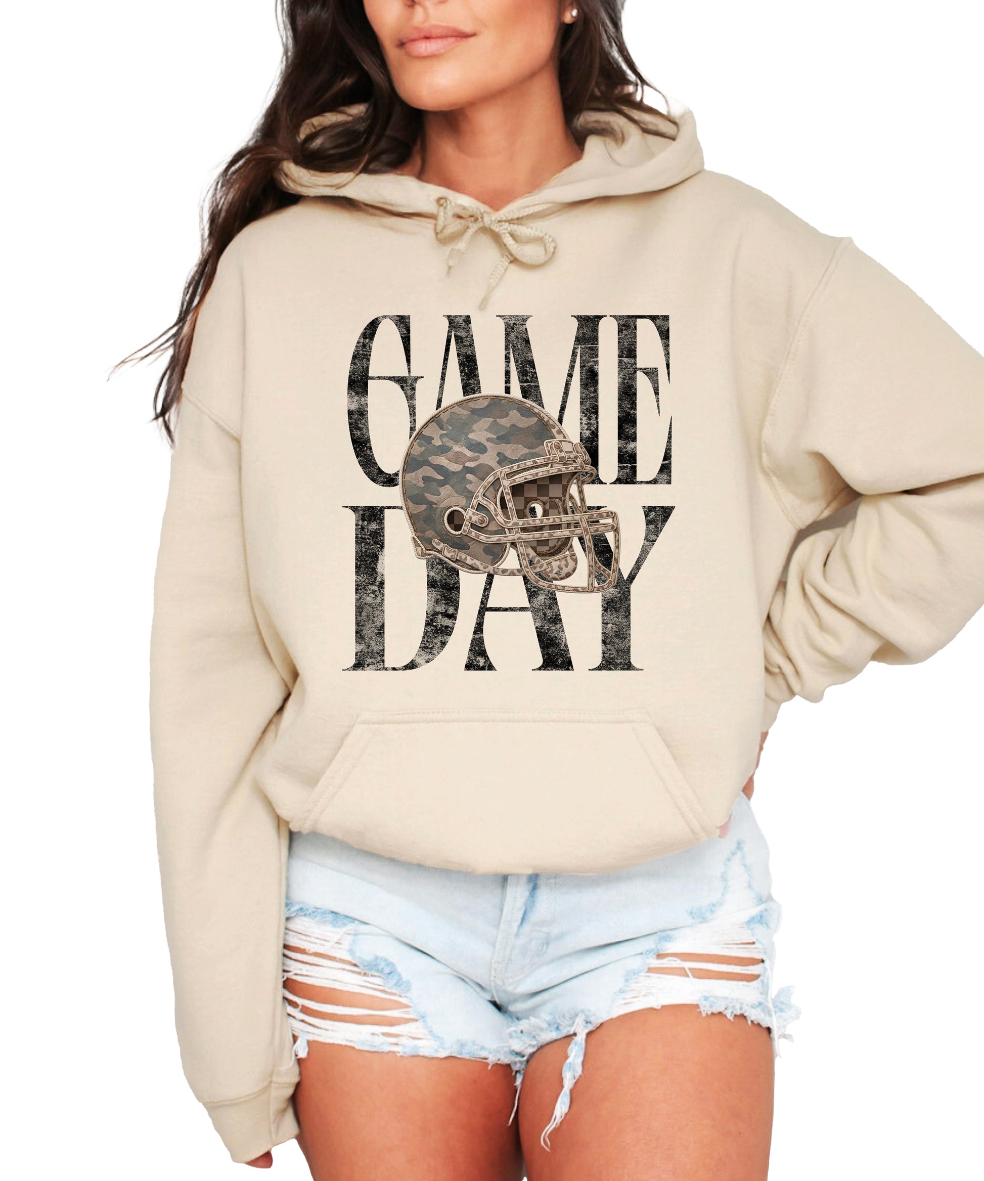 Game Day Camo football helmet hoodie in Sand - front view