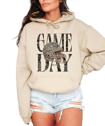 Game Day Camo football helmet hoodie in Sand - front view