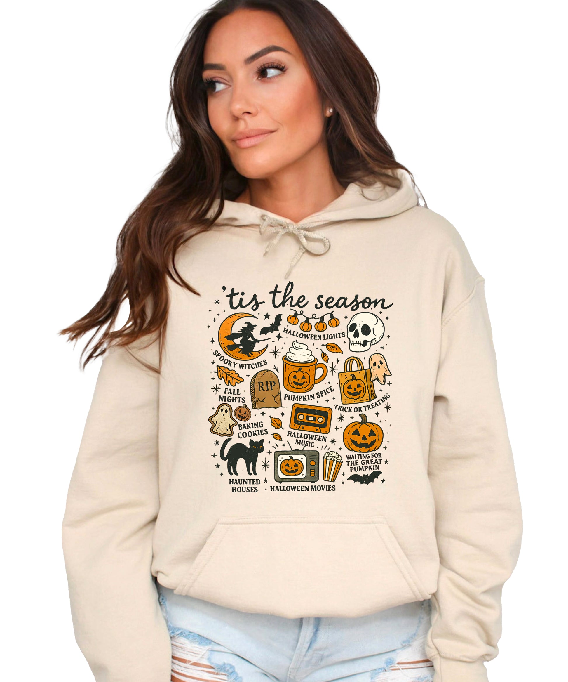 Tis The Season Halloween retro collage hoodie in Sand - view 1