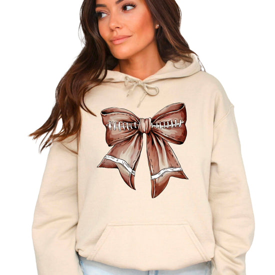 Football Coquette Bow fleece hoodie in Sand - front view