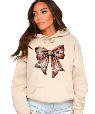 Football Coquette Bow fleece hoodie in Sand - front view