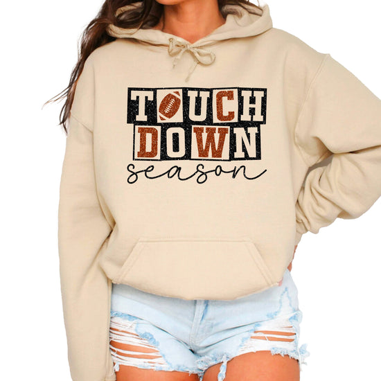 Touchdown Season glitter football hoodie in Sand - front view
