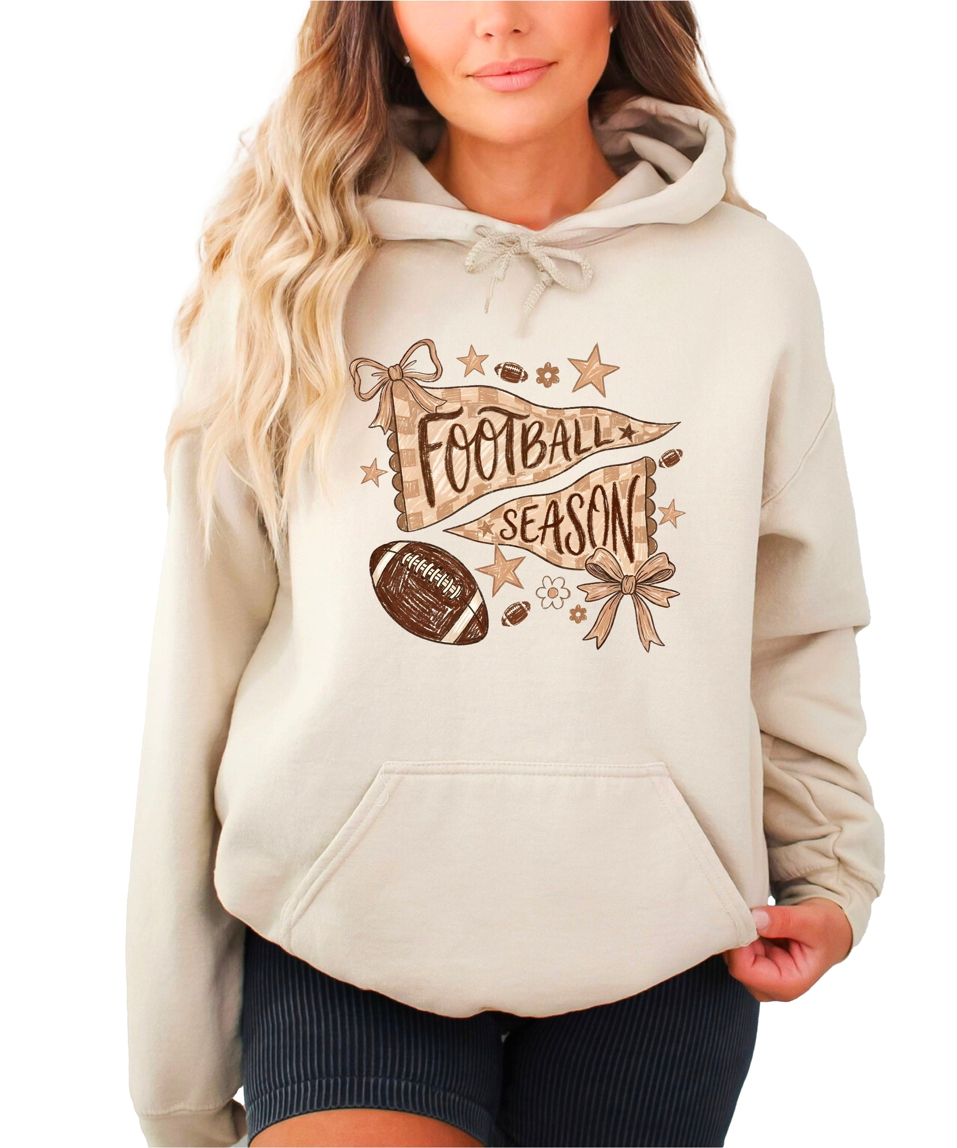 Football Season Coquette Bow Pennant Game Day Hoodie for Women - Sand - view 1