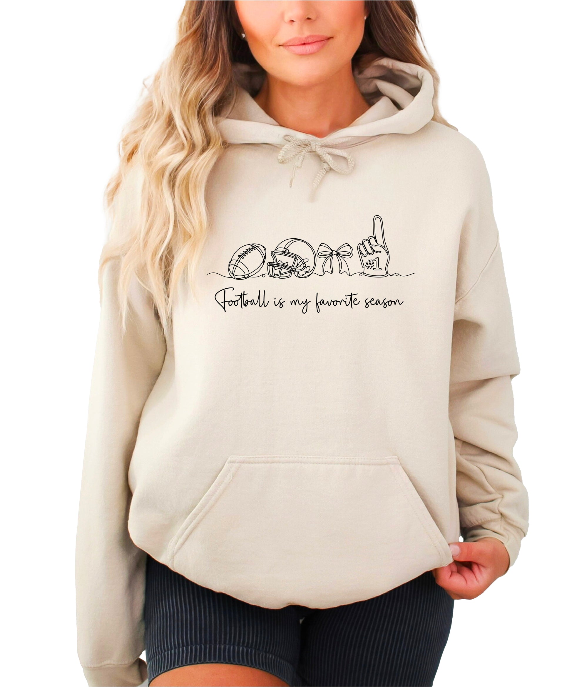 Sand hoodie with Football is My Favorite Season coquette bow graphic, front view