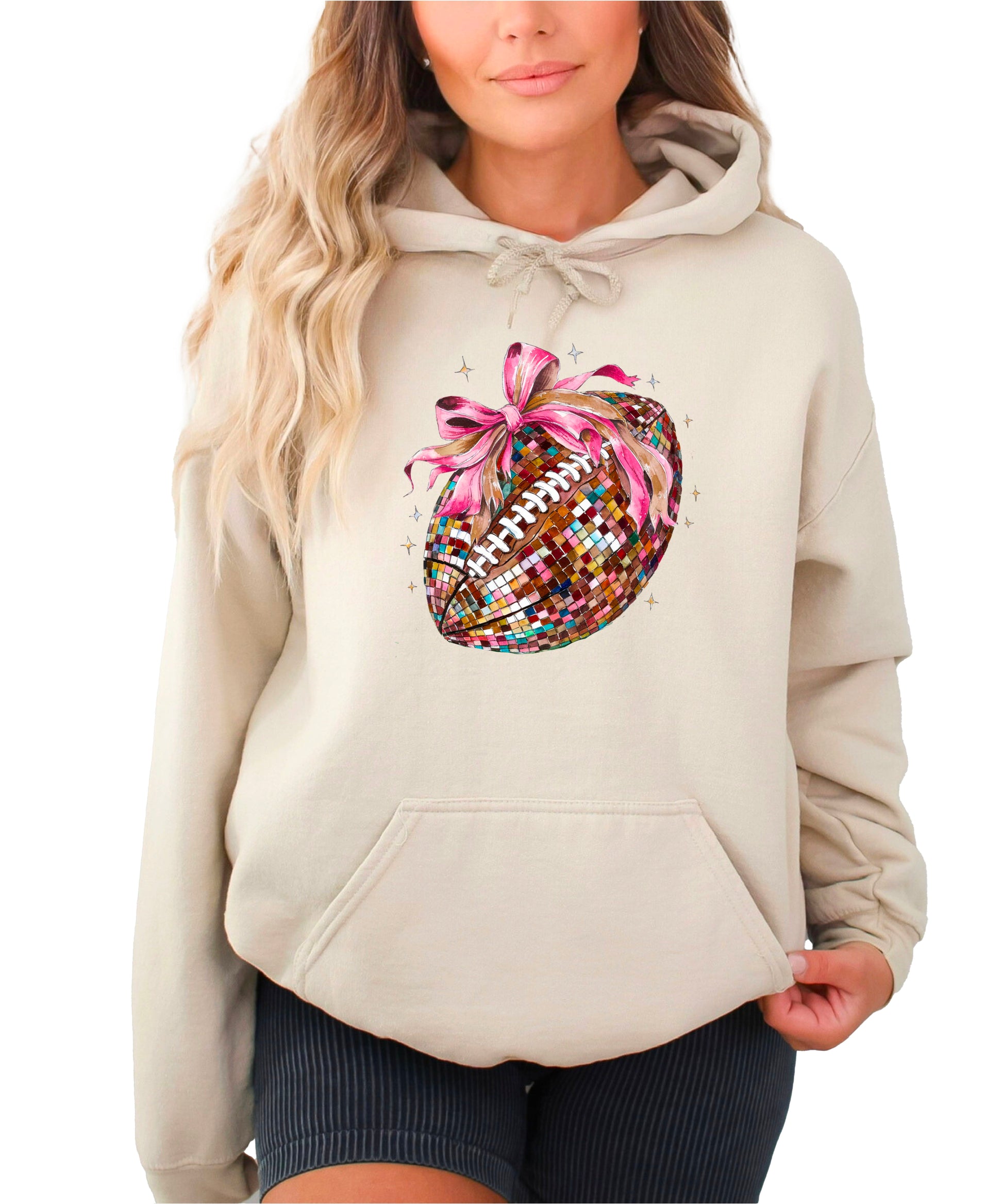 Disco Ball Football Coquette Bow Hoodie for Women, Sand Hoodie, view 1