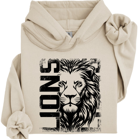 Lions School Spirit hoodie in Sand - distressed lion mascot game day pullover sweatshirt, view 1